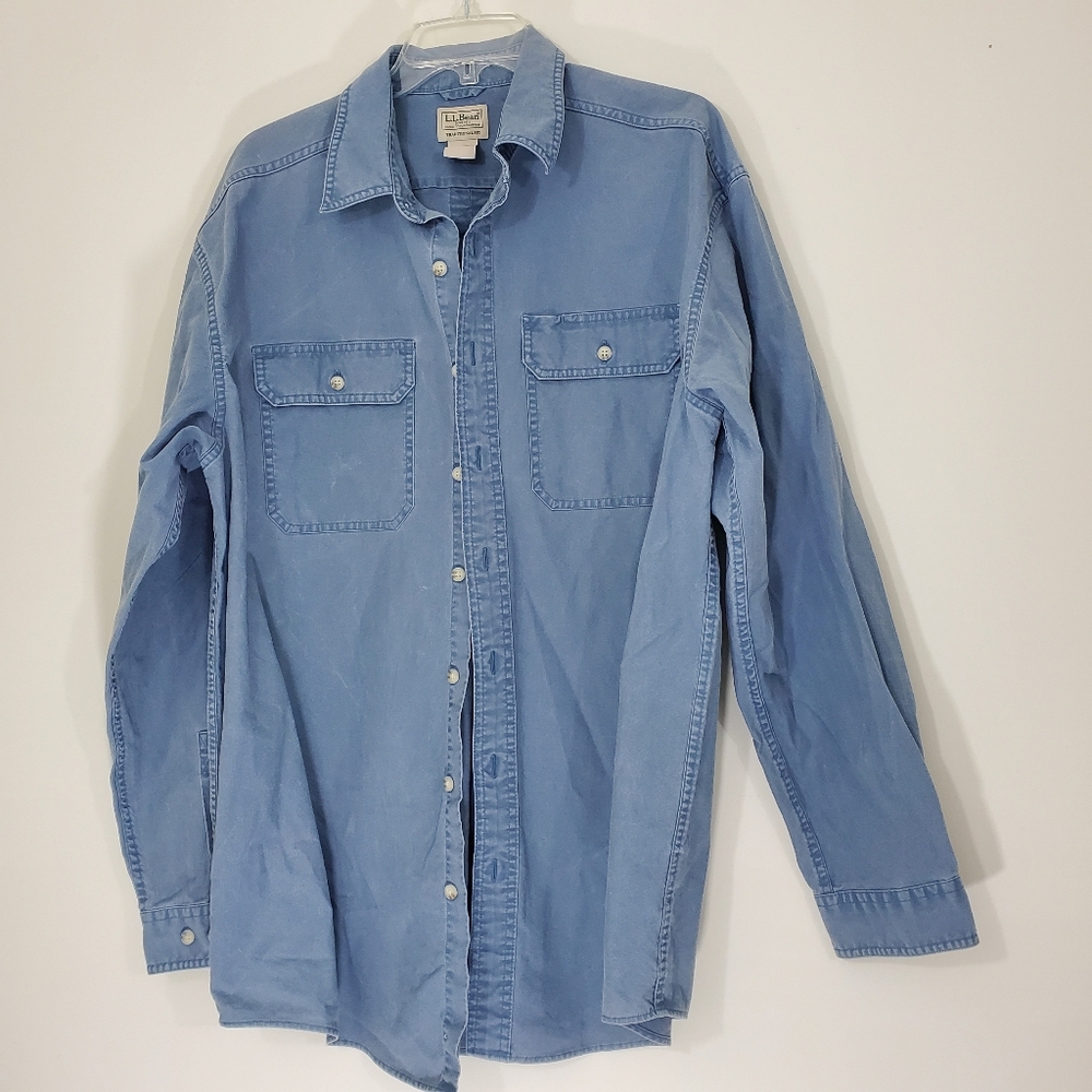 L.L. Bean Blue/Gray 100% Cotton Long Sleeve Shirt, Size Large Tall